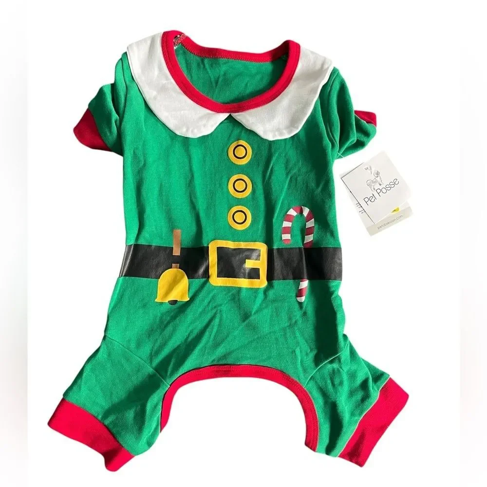 Pet Posse Elf bodysuit/pajamas with White Collar Candy Cane Buttons Medium